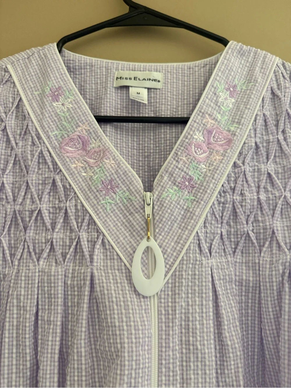 Miss Elaine Lilac Smocked V-Neck Zip sleep Dress nightgown robe pajamas medium